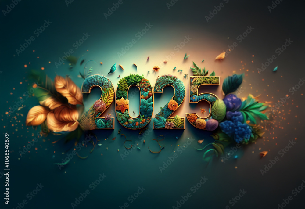 Poster the year 2025 is depicted in a 3d rendering style, with the numbers composed of organic textures and