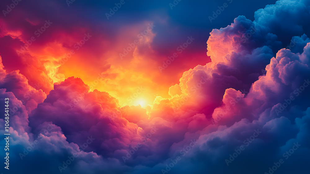 Poster a colorful sky with a bright orange sun shining through the clouds. the sky is filled with a variety