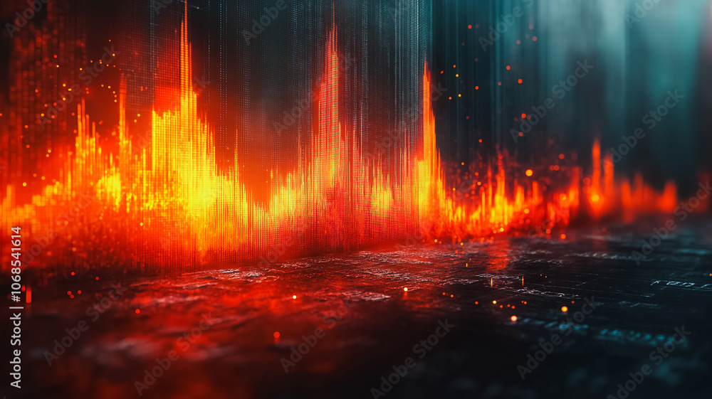 Fototapete A computer generated image of a city with a red fire in the background. The fire is surrounded by a series of orange and red lines, creating a sense of movement and energy. The image is abstract