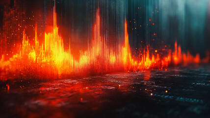A computer generated image of a city with a red fire in the background. The fire is surrounded by a series of orange and red lines, creating a sense of movement and energy. The image is abstract