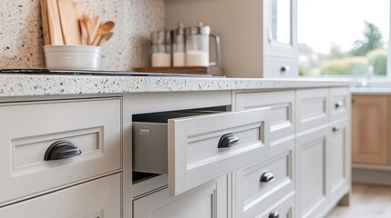 Open Drawer in a Modern White Kitchen Cabinet