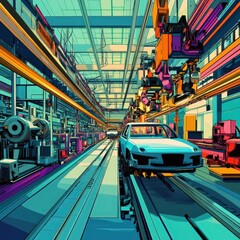 Exaggerated Cartoon Style Car Parts Production Line