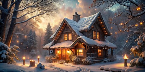 A cozy wooden cabin nestled amidst a snowy forest, illuminated by warm lights and glowing lanterns, casting a magical winter glow.