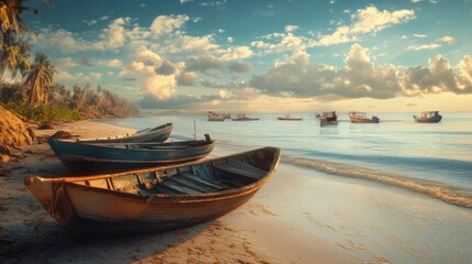 Traditional fishing boats on a December beach in Indonesia, symbolizing a tropical winter scene