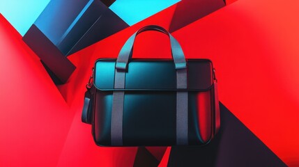 A black leather briefcase on a vibrant red and blue geometric background.