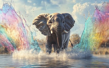 Fototapeta premium A majestic elephant splashing water playfully, flanked by colorful sound waves, depicted in photorealistic detail, conveying the rhythm of nature and creative joy in wide angle