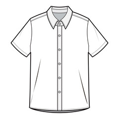 Men's Classic Short Sleeve Shirt with Button-Down Collar, Flat Sketch, Technical Drawing

