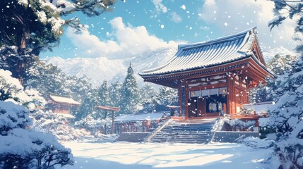 Traditional Japanese shrine covered in snow, symbolizing December serene and spiritual beauty