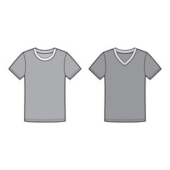 Fototapeta premium Men's Crew Neck and V-Neck T-shirts with Contrast Neckline, Flat Sketch, Technical Drawing