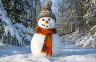 Obraz premium Snowman wearing a hat and scarf, in a snowy landscape