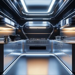 Fototapeta premium A sleek, rear view of a futuristic kitchen, featuring advanced culinary technology, minimalist design elements, polished steel surfaces, soft ambient lighting, photorealistic style