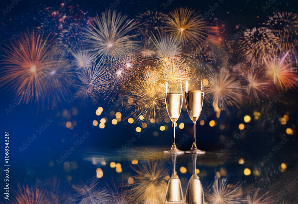 Poster two champagne flutes filled with sparkling wine stand before a backdrop of colorful fireworks explod