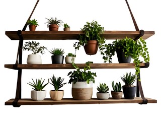 Decorative hanging plants on modern wooden shelves on a white wall, inside a minimal rustic setting room.