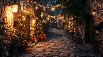Fototapeta premium Ancient stone street in a Mediterranean village with Christmas lights, symbolizing holiday charm