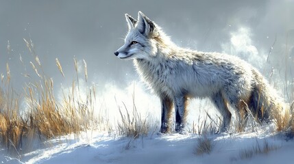 Obraz premium curious silver fox with shimmering fur stands against a snowy white backdrop, blending seamlessly into the winter landscape, exuding an air of mystery and elegance