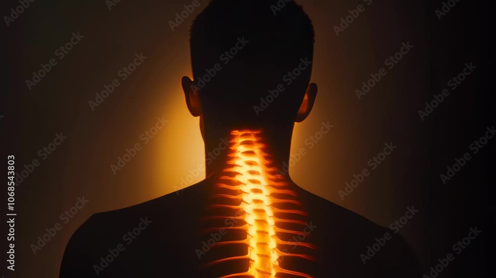 Poster silhouette of a man with a glowing spine, experiencing back pain, highlighted against a dark backgro