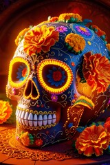 A vibrantly decorated sugar skull, intricately designed with colorful marigolds, delicate filigree, and intricate patterns to honor Dia de los Muertos. 
