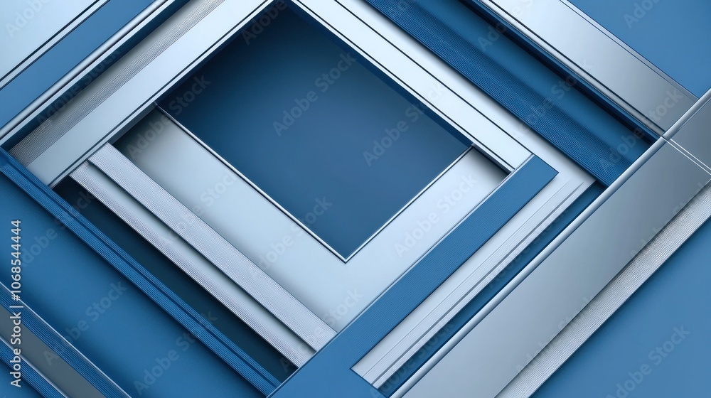 Poster abstract geometric pattern with overlapping squares in shades of blue and silver.