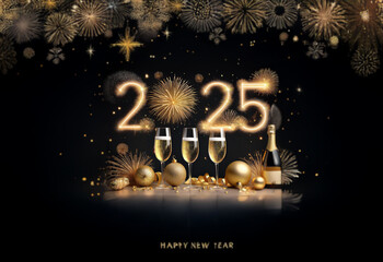 A festive New Year's Eve celebration with sparkling gold numbers "2025" in front of fireworks, champagne glasses, and a bottle.