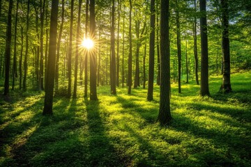 Fototapeta premium The bright sun is shining beautifully through the tall trees in the forest