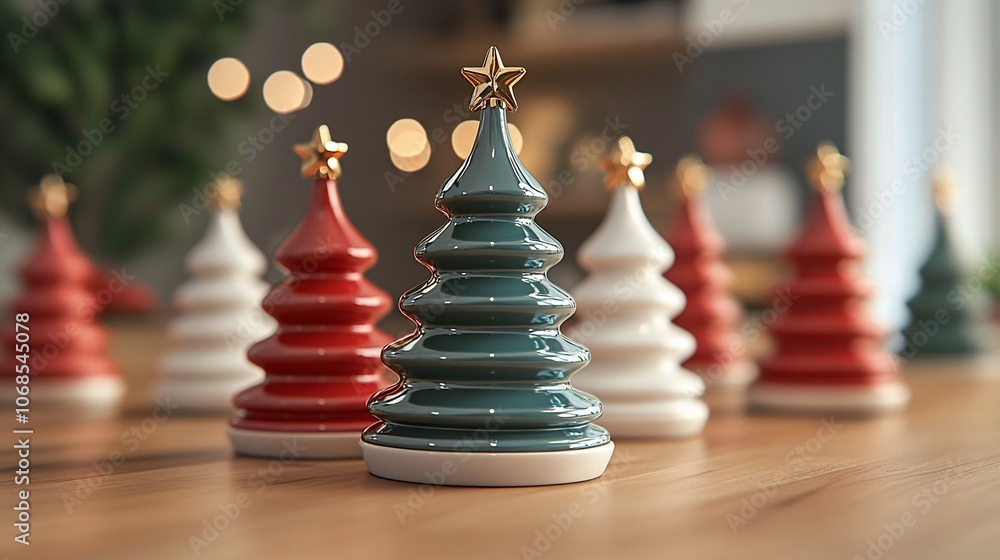 Poster a row of colorful ceramic christmas trees on a wooden table with bokeh lights in the background.