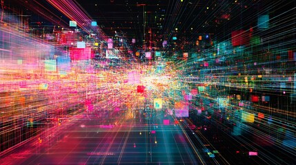 Abstract digital cityscape with vibrant colors and lines