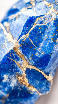 A striking blue lapis lazuli rock showcases golden veins, sparkling subtly under natural light on a flat surface