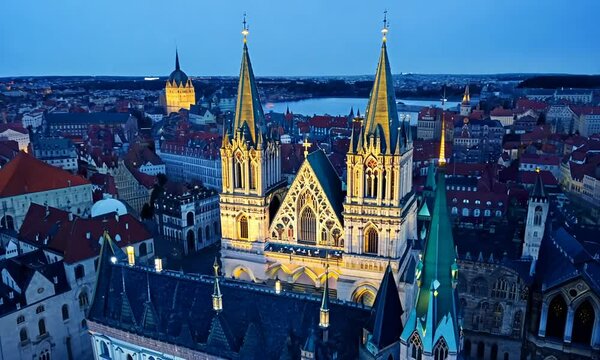 Aerial view of famous places St. Stephen's Cathedral Stephansdom at night. Mother church of the Roman Catholic Archdiocese of Vienna. Austria