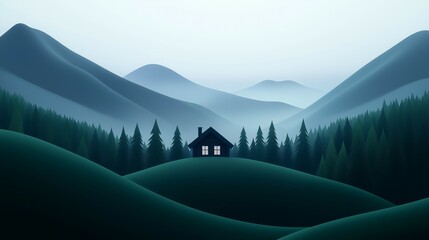 Minimalist Mountain Cabin Illustration with Misty Pines and Rolling Hills