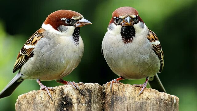 Two sparrows perch on a wooden fence post, their brown and gray feathers contrasting against the green background