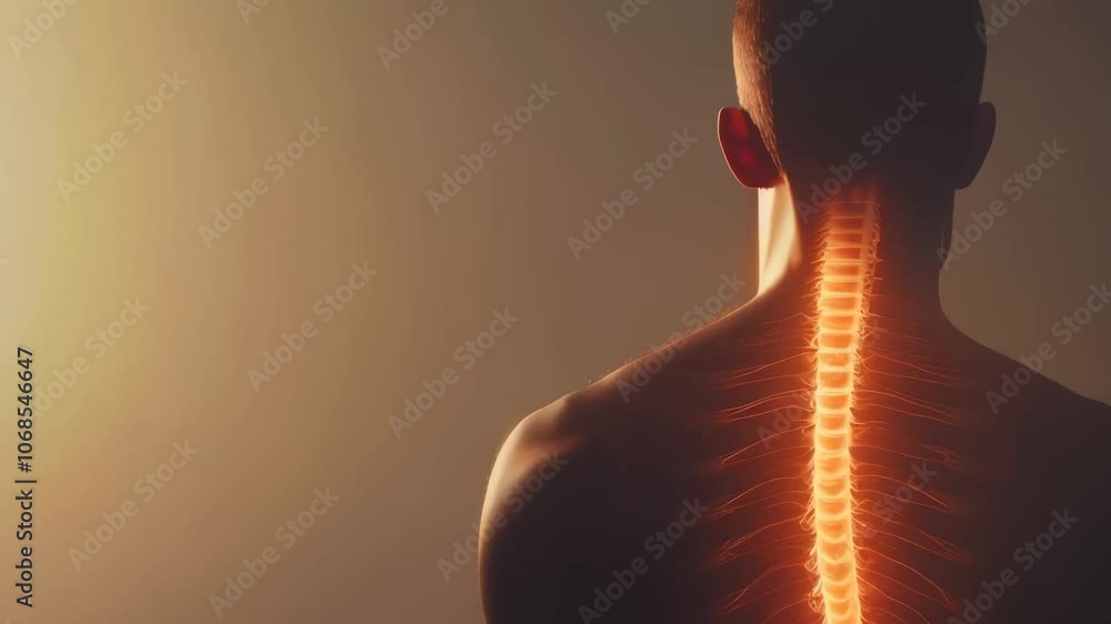 Poster rear view of shirtless man with illuminated spine highlighting spinal column, nervous system, and po