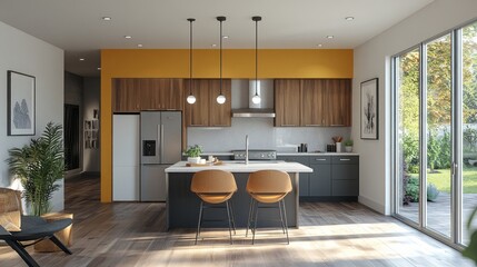 Fototapeta premium Modern Kitchen with Island, Wooden Cabinets, and Large Windows
