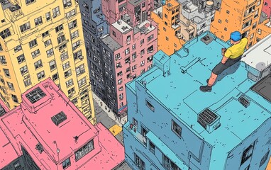 A lone figure sits on a rooftop overlooking a colorful city skyline, contemplating the urban landscape.