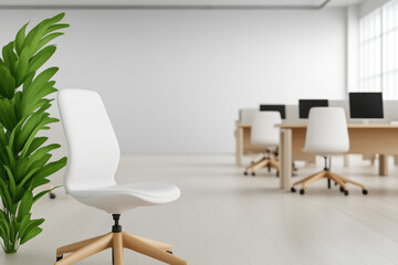 Fototapeta premium Modern open office layout featuring bright spaces, numerous desks, and chairs, designed for collaboration and productivity.