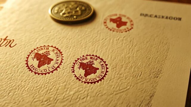 A close-up of an old document with three red wax seals and a small coin