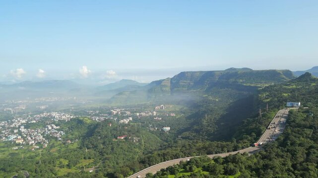 beautiful lonavala sahyadri hills drone moving front view in maharashtra.