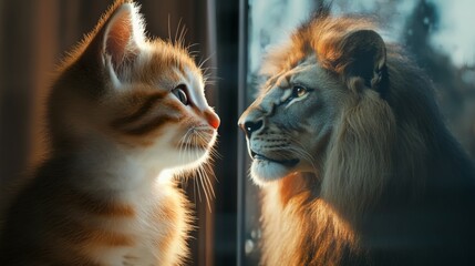 Fototapeta premium A cute kitten looking in the mirror and seeing an elegant lion reflection