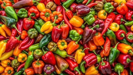 A vibrant tapestry of colorful peppers, a symphony of textures and hues, each pepper a miniature masterpiece of nature's artistry.
