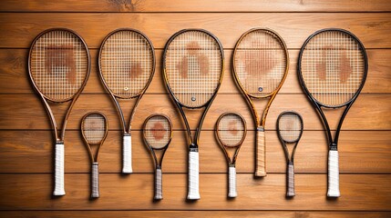 Vintage Tennis Rackets Collection on Wooden Background