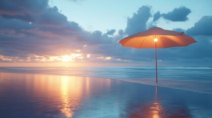 A lone beach umbrella stands on a sandy shore, the setting sun reflecting on the water.