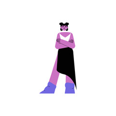 Female Model In Unique Fashion Outfit In Flat Vector Illustration Symbolizing Style, Trend, And Fashion Modeling, Isolated On White Background.