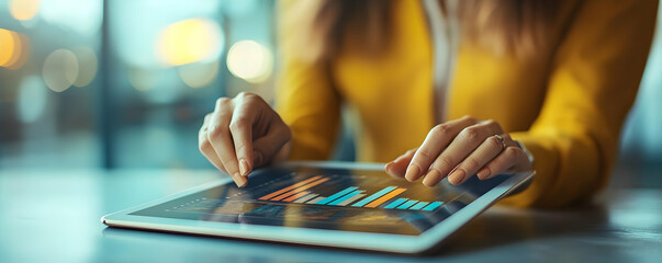 Photo Businesswoman Analyzing Charts Data Tablet