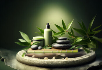A spa setting with natural elements and a calming green color palette.