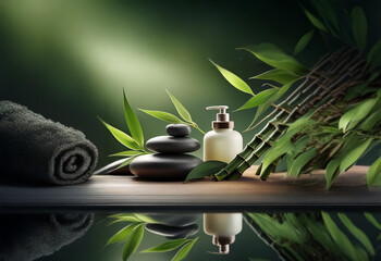 A spa-like arrangement with smooth black stones, a white bottle of lotion, and a rolled-up towel on a wooden surface with bamboo shoots and leaves in the background.
