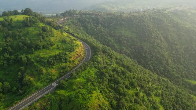 pune to nashik national highway kasara ghat up to down drone view shot in Maharashtra