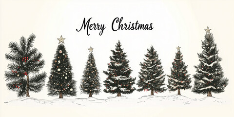 A collection of hand-drawn Christmas trees adorned with decorations and stars, celebrating the festive holiday spirit