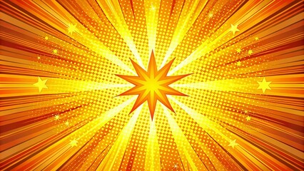 Fototapeta premium A radiant starburst with a central star and a pattern of radiating lines and dots in vibrant shades of yellow and orange.