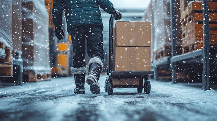 A warehouse worker wearing winter gear uses a hand truck to move boxes along a snow-covered path, highlighting outdoor logistics in cold weather.