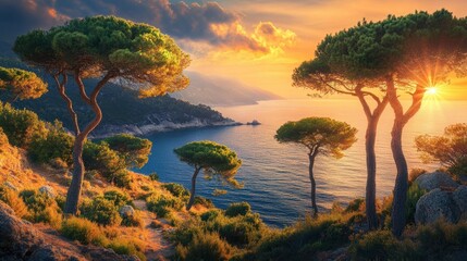 Pine trees along the Mediterranean coast under soft winter sunlight, representing December serenity