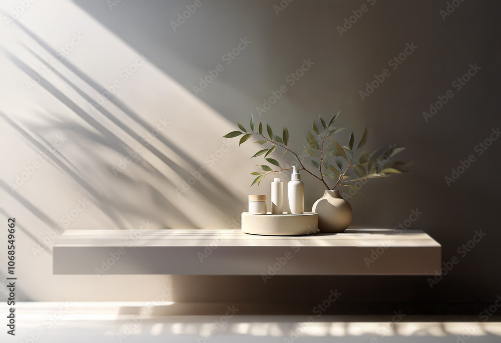 Poster sunlight streams through a window, casting shadows on a minimalist shelf. a vase of greenery sits ne